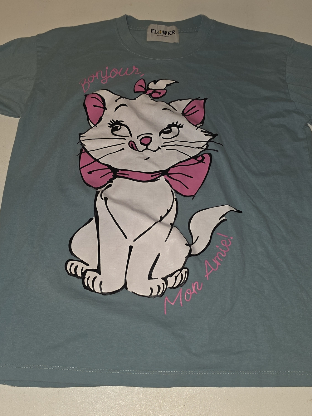 Flower Pets Bonjour Cat Graphic Tee - Blue with Pink Accents
